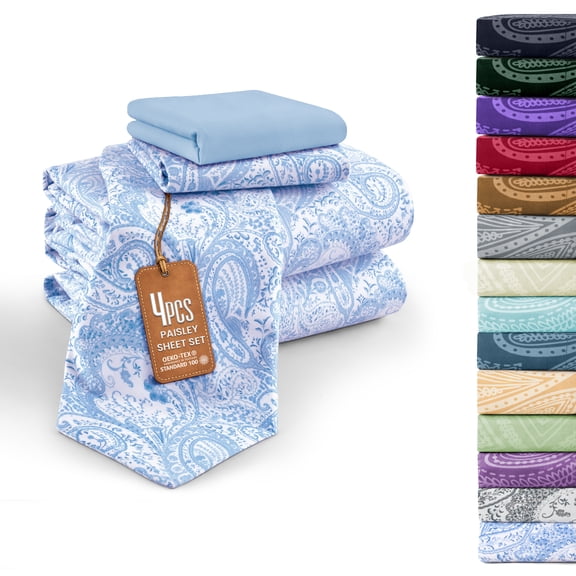 Lux Decor 4 Piece Twin Size Bed Sheet Set - Paisley Printed Microfiber Sheets, Ultra Soft, Deep Pocket, Wrinkle-Free, Breathable, OEKO-TEX Certified - Twin, White Blue