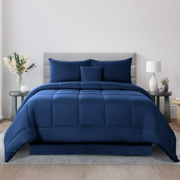 Lux Decor 5-Piece King Comforter Set - Ultra-Soft All-Season Bedding Set Includes Down Alternative Comforter, Pillow Shams, Decorative Cushion & Bed Skirt (Navy)