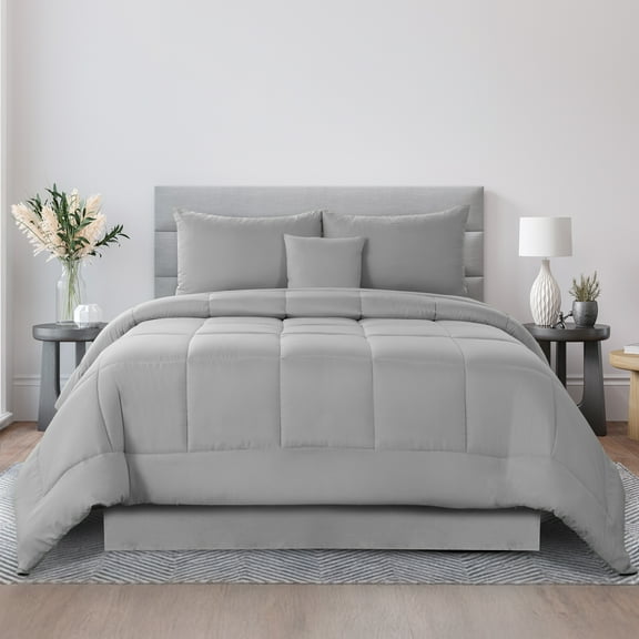 Lux Decor 5-Piece Queen Comforter Set - Ultra-Soft All-Season Bedding Set Includes Down Alternative Comforter, Pillow Shams, Decorative Cushion & Bed Skirt (Grey)