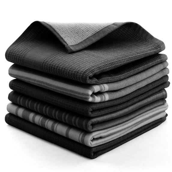 Lux Decor 6 Pack Kitchen Towels Set 16”x26” - 100% Cotton Highly Absorbent Dish Towels for Kitchen - Soft & Scratch-Free Black Hand Towels for Cleaning & Drying