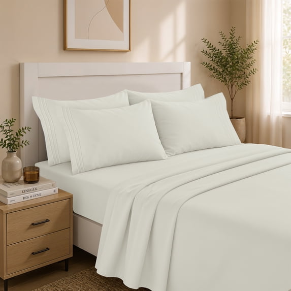 Lux Decor 6 Piece King Size Sheets Set - Soft Microfiber Bed Sheets Set, 16” Deep Pocket King Size Sheets, Off-White