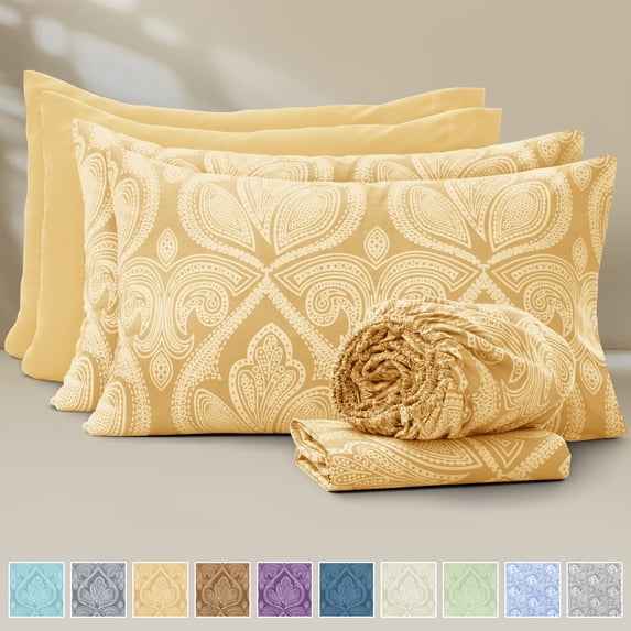 Lux Decor 6 Piece Queen Bed Sheets Set – Ultra-Soft Microfiber, Paisley Print, Upto 16" Deep Pocket Fitted Sheet, Flat Sheet & 4 Pillowcases, Taupe