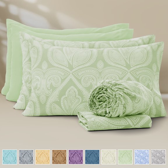 Lux Decor 6 Piece Queen Size Bed Sheets – Ultra-Soft Microfiber, Paisley Print, Upto 16" Deep Pocket Fitted Sheet, Flat Sheet & 4 Pillowcases, Sage