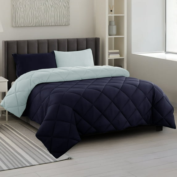 Lux Decor All-Season Comforter Set King Size 3 PC, Reversible Bedding Set with Diamond Quilted Design Comforter and 2 Pillow Shams, Lightweight & Cozy Set de Cama Navy/Aqua Blue