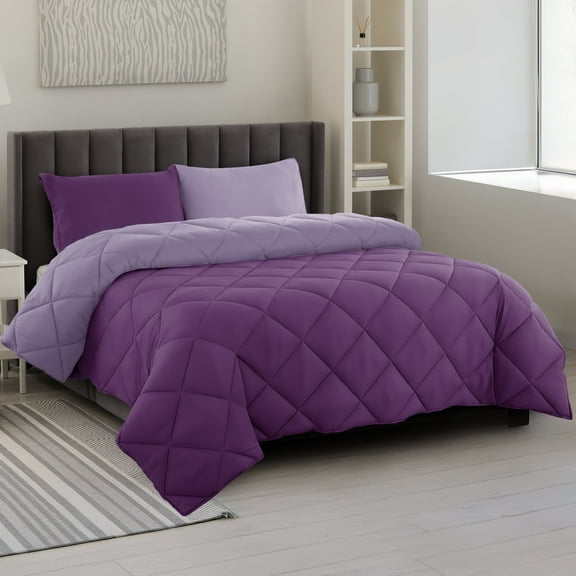 Lux Decor All-Season Comforter Sets King Size 3 PC, Reversible Bedding Set with Diamond Quilted Design Comforter and 2 Pillow Shams, Lightweight & Cozy Set de Cama Purple/Lavender