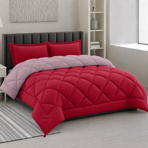 Lux Decor All-Season Comforter Sets King Size 3 PC, Reversible Bedding Set with Diamond Quilted Design Comforter and 2 Pillow Shams, Lightweight & Cozy Set de Cama Burgundy/Pink