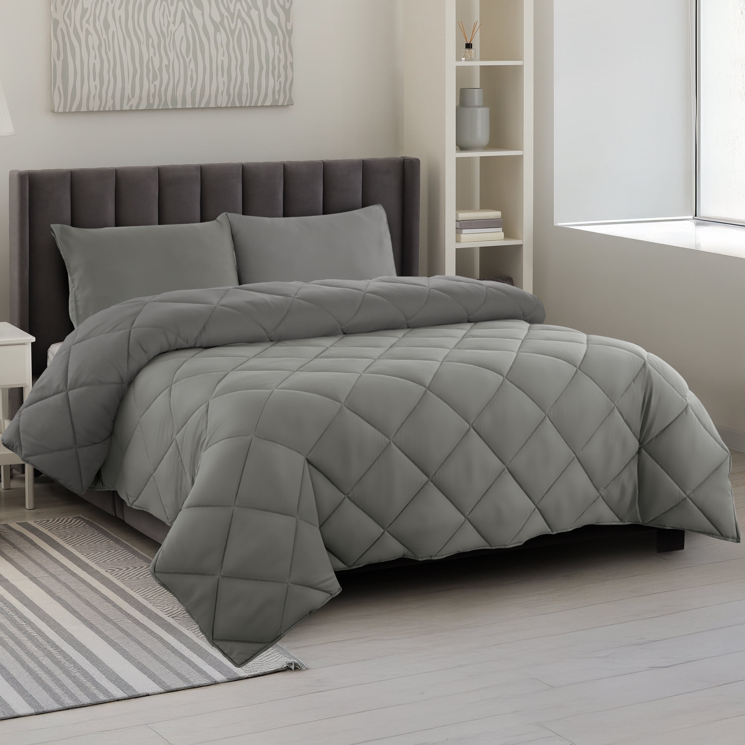 Lux Decor All-Season Comforter Sets King Size 3 PC, Reversible Bedding Set with Diamond Quilted Design Comforter and 2 Pillow Shams, Lightweight & Cozy Set de Cama Gray/Dark Gray