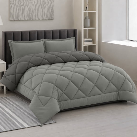 Lux Decor All-Season Comforter Sets Queen 3 PC, Reversible Bedding Set with Diamond Quilted Design Comforter and 2 Pillow Shams, Lightweight & Cozy Set de Cama Gray/Dark Gray