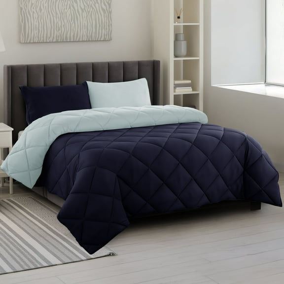 Lux Decor All-Season Comforter Sets Queen 3 PC, Reversible Bedding Set with Diamond Quilted Design Comforter and 2 Pillow Shams, Lightweight & Cozy Set de Cama Navy/Aqua Blue
