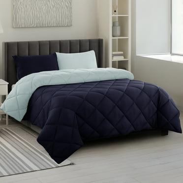 Lux Decor All-Season Comforter Sets Queen 3 PC, Reversible Bedding Set with Diamond Quilted Design Comforter and 2 Pillow Shams, Lightweight & Cozy Set de Cama Navy/Aqua Blue