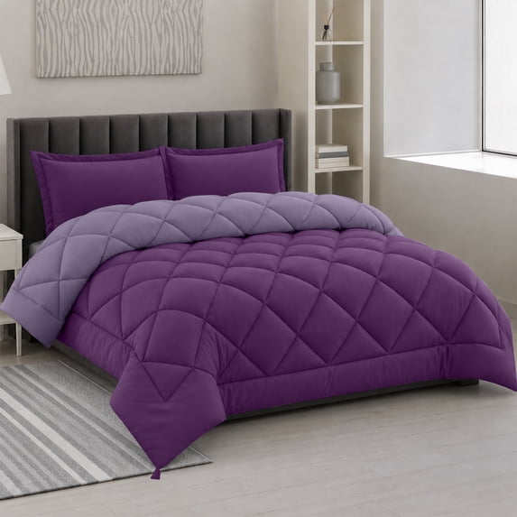 Lux Decor All-Season Comforter Sets Queen Size 3 PC, Reversible Bedding Set with Diamond Quilted Design Comforter and 2 Pillow Shams, Lightweight & Cozy Set de Cama Purple/Lavender
