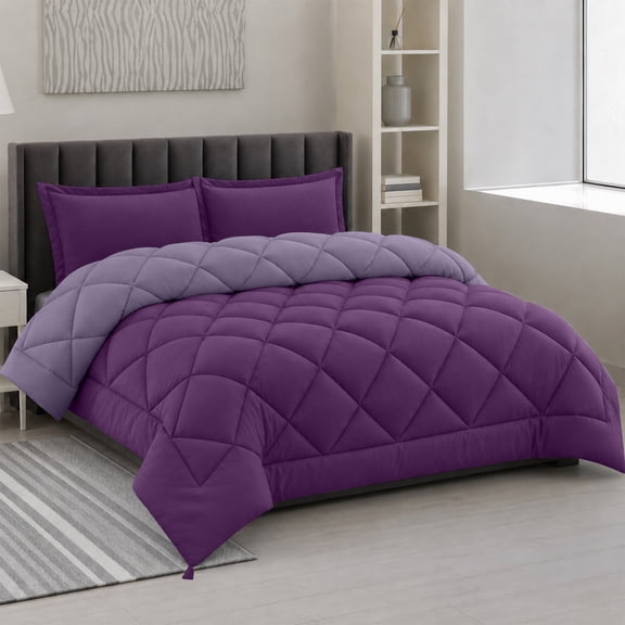 Lux Decor All-Season Comforter Sets Queen Size 3 PC, Reversible Bedding Set with Diamond Quilted Design Comforter and 2 Pillow Shams, Lightweight & Cozy Set de Cama Purple/Lavender
