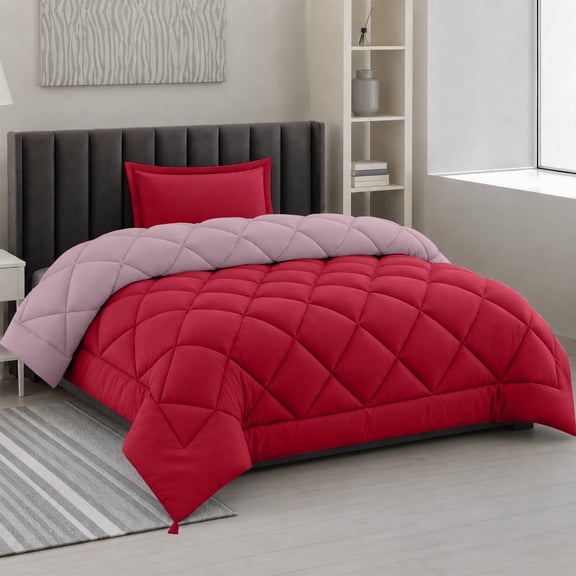 Lux Decor All-Season Comforter Sets Twin 2 PC, Reversible Bedding Set with Diamond Quilted Design Comforter and 1 Pillow Sham, Lightweight & Cozy Set de Cama Burgundy/Pink