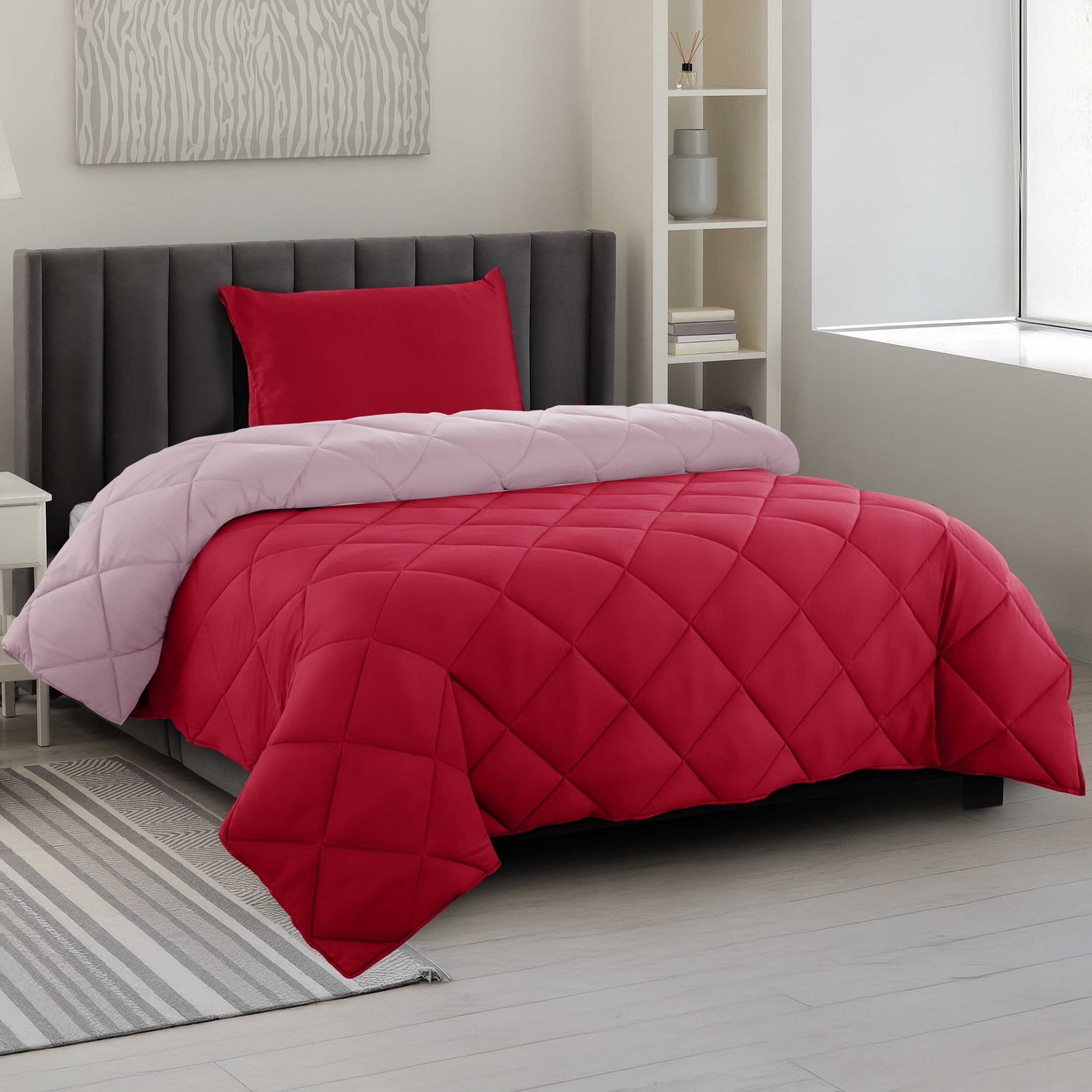 Lux Decor All-Season Comforter Sets Twin 2 PC, Reversible Bedding Set with Diamond Quilted Design Comforter and 1 Pillow Sham, Lightweight & Cozy Set de Cama Burgundy/Pink