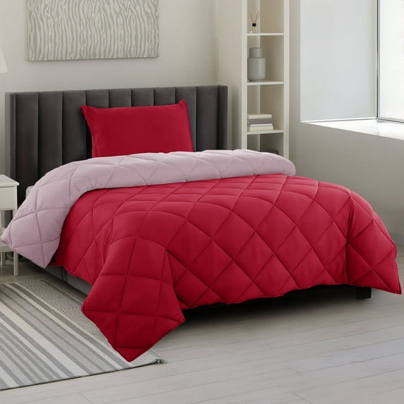 Lux Decor All-Season Comforter Sets Twin 2 PC, Reversible Bedding Set with Diamond Quilted Design Comforter and 1 Pillow Sham, Lightweight & Cozy Set de Cama Burgundy/Pink