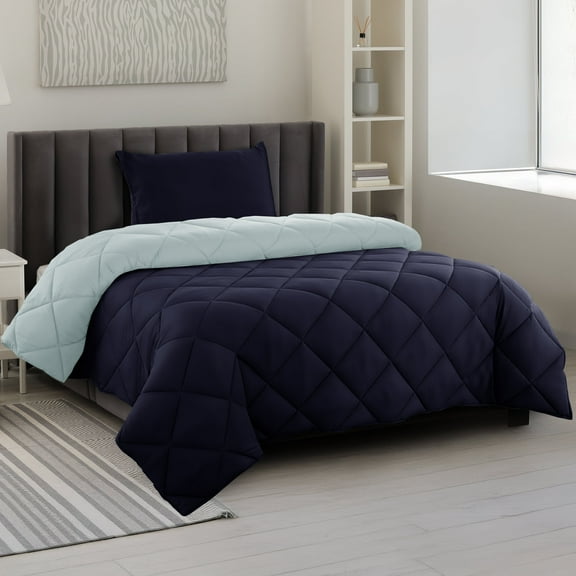 Lux Decor All-Season Comforter Sets Twin 2 PC, Reversible Bedding Set with Diamond Quilted Design Comforter and 1 Pillow Sham, Lightweight & Cozy Set de Cama Navy/Aqua Blue