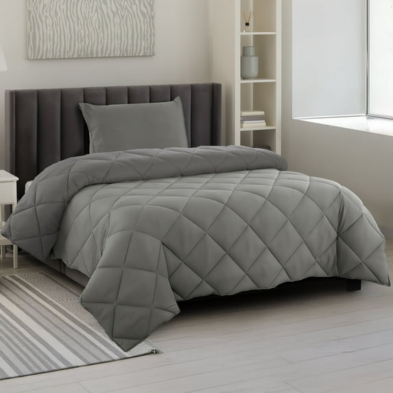 Lux Decor All-Season Comforter Sets Twin 2 Piece, Reversible Bedding Set with Diamond Quilted Design Comforter and 1 Pillow Sham, Lightweight & Cozy Set de Cama Gray/Dark Gray