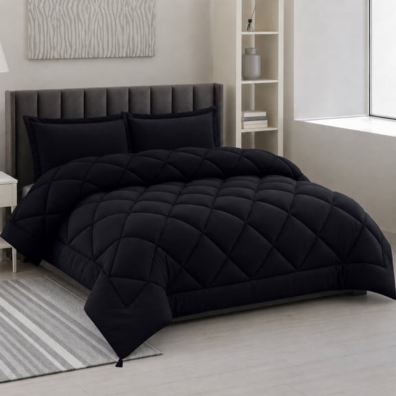 Lux Decor All-Season Queen Comforter Set 3 Piece, Reversible Bedding Set with Diamond Quilted Design Comforter and 2 Pillow Shams, Lightweight & Cozy Set de Cama Black