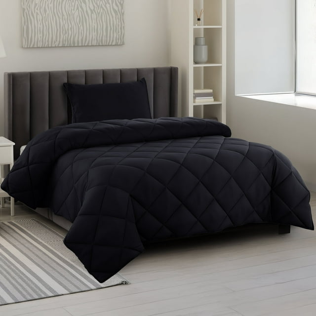Lux Decor All-Season Twin Comforter Set 2 PC, Reversible Bedding Set with Diamond Quilted Design Comforter and 1 Pillow Sham, Lightweight & Cozy Set de Cama Black