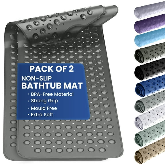 Lux Decor Bath Mat for Tub 2 Pack 40x16 Inch - Shower Mat with 200 Suction Cups and 176 Drain Holes, Machine Washable Bathtub Mat Non Slip for Bathroom Safety - Gray