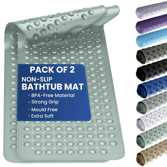 Lux Decor Bath Mat for Tub 2 Pack 40x16 Inch - Shower Mat with 200 Suction Cups and 176 Drain Holes, Machine Washable Bathtub Mat Non Slip for Bathroom Safety - Mint
