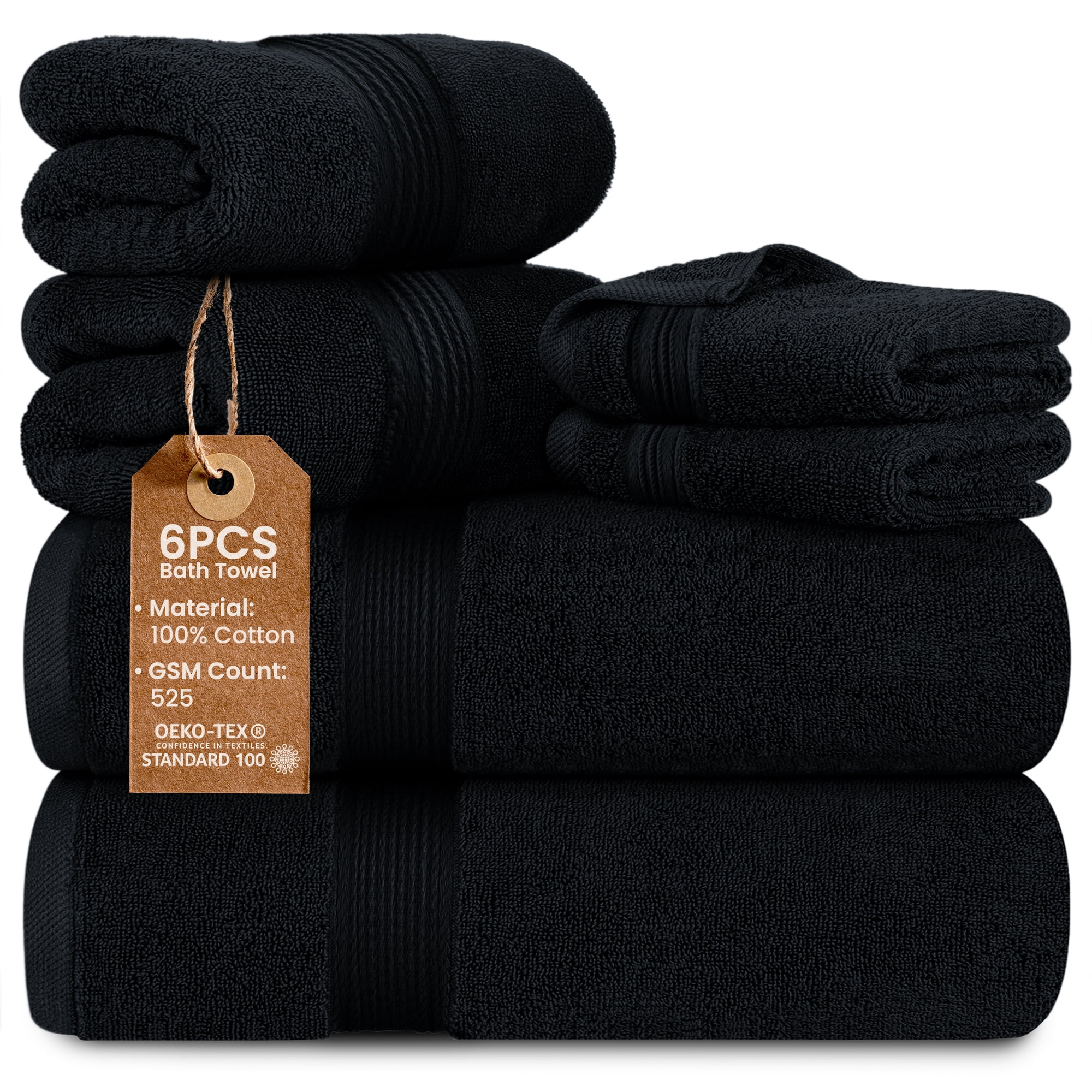 Lux Decor 6 Piece Bath Towel Set 525 GSM, 100% Cotton Towels for Bathroom, Spa & Hotels - Zero Twist 2 Large Bath Towels, 2 Hand Towels & 2 Washcloths – Quick Dry & Highly Absorbent - Black