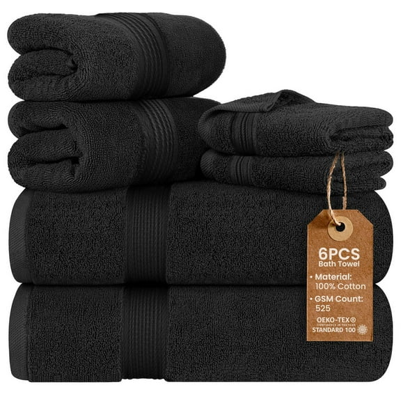 Lux Decor Bath Towel Set of 6 - 100% Cotton, Zero Twist Weave for Ultimate Softness - 2 Large Bath Towels, 2 Hand Towels & 2 Wash Cloths - High Absorbent & Quick Dry Black Towels for Bathroom