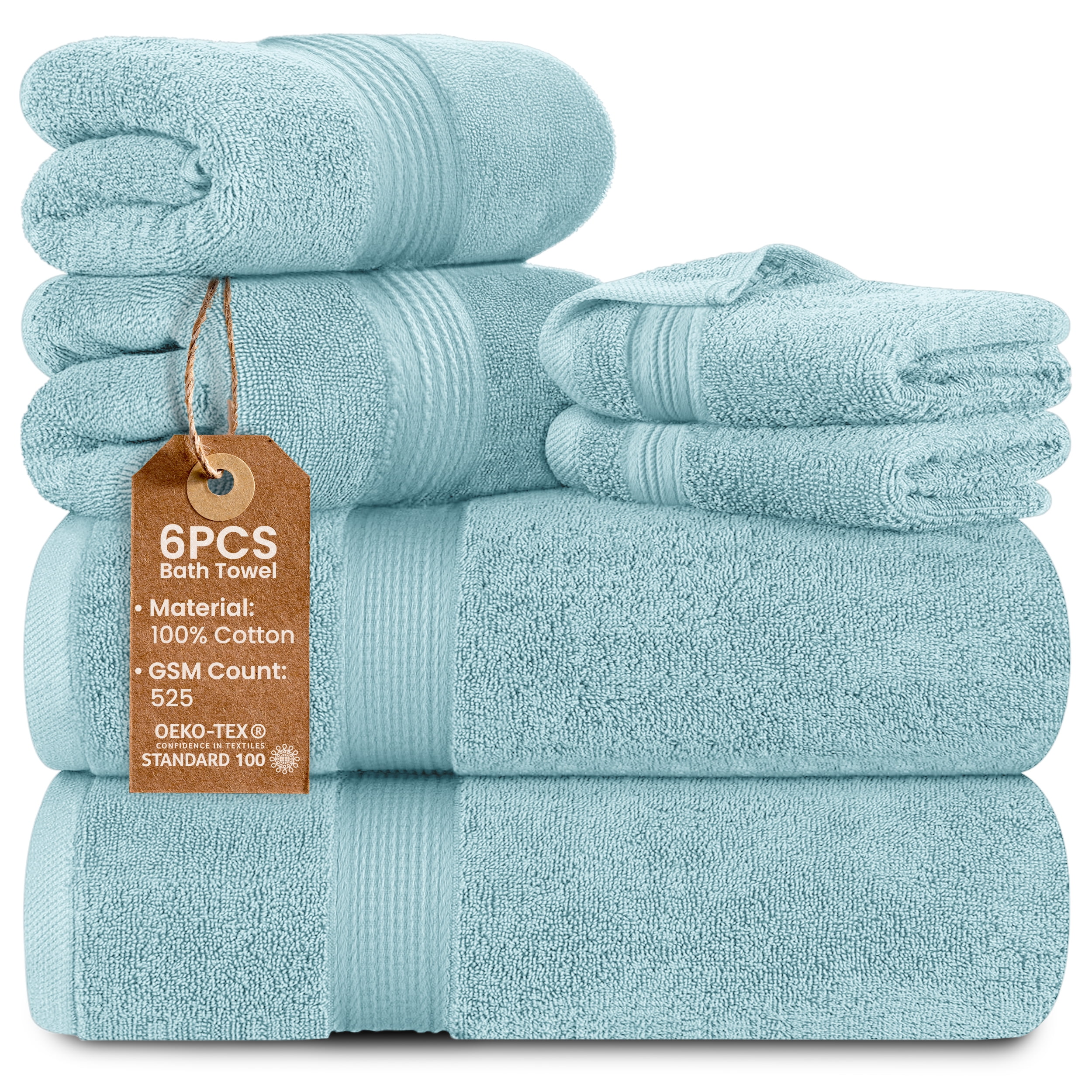 Lux Decor 6 Piece Bath Towel Set 525 GSM, 100% Cotton Towels for Bathroom, Spa & Hotels - Zero Twist 2 Large Bath Towels, 2 Hand Towels & 2 Washcloths – Quick Dry & Highly Absorbent - Blue