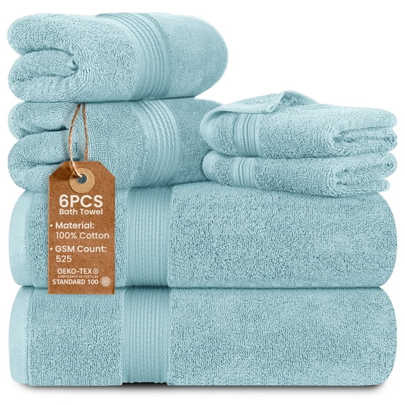 Lux Decor 6 Piece Bath Towel Set 525 GSM, 100% Cotton Towels for Bathroom, Spa & Hotels - Zero Twist 2 Large Bath Towels, 2 Hand Towels & 2 Washcloths – Quick Dry & Highly Absorbent - Blue