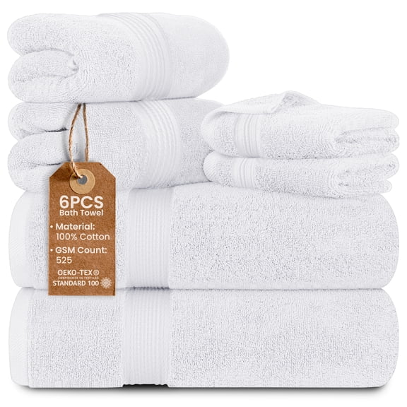 Lux Decor 6 Piece Bath Towel Set 525 GSM, 100% Cotton Towels for Bathroom, Spa & Hotels - Zero Twist 2 Large Bath Towels, 2 Hand Towels & 2 Washcloths – Quick Dry & Highly Absorbent - White
