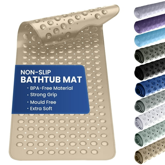 Lux Decor Bath Tub Mat 40x16 Extra Long – Non-Slip Shower Mat with 200 Suction Cups & 176 Drain Holes – Quick Drying, Machine Washable Bathroom Safety Mat- Beige