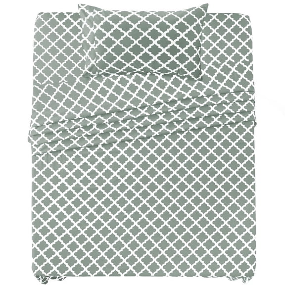 Lux Decor Twin Bed Sheet Set 3 Piece, Soft Microfiber, Deep Pockets - Quatrefoil Pattern, 1 Fitted & 1 Flat Sheet, 1 Pillowcase, Gray
