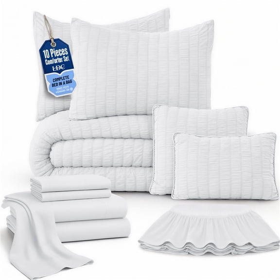 Lux Decor 10-Piece Queen Comforter Set with Sheets — Complete Bed in a Bag with Bed Skirt & Accent Pillows Included, 280 GSM Cooling Seersucker, OEKO-TEX Certified All-Season Bedding Set, White