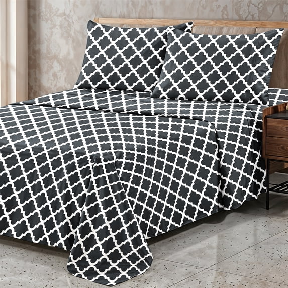 Lux Decor Queen Bed Sheets Set 4 Piece - Quatrefoil Pattern, Ultra Soft Sheet Deep Pocket Fit, Wrinkle Free, Breathable & Fade Resistant OEKO-TEX Certified, Black
