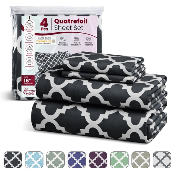 Lux Decor King Bed Sheets Set 4 Piece - Quatrefoil Pattern, Ultra Soft Polyester Sheet Deep Pocket Fit, Wrinkle Free, Breathable & Fade Resistant OEKO-TEX Certified, Black