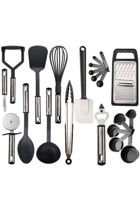 23 Pieces Cooking Utensils Set, Kitchen Utensils Sets of Nylon and Stainless Steel Utensils Set Pack of 1, Black Utensils Set