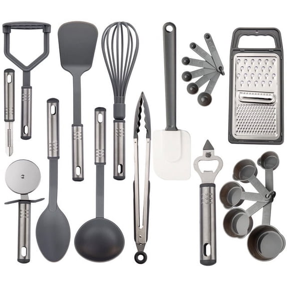 Lux Decor Collection 23 Pieces Cooking Utensils Set, Kitchen Utensils Sets of Nylon and Stainless Steel Utensils Set Pack of 1, Gray Utensils Set