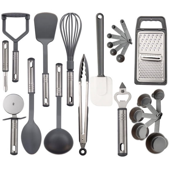 Lux Decor Collection 23 Pieces Cooking Utensils Set, Kitchen Utensils Sets of Nylon and Stainless Steel Utensils Set Pack of 1, Gray Utensils Set