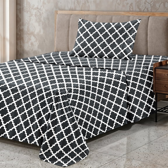 Lux Decor Twin Bed Sheets Set 3 Piece - Quatrefoil Pattern, Ultra Soft Sheet Deep Pocket Fit, Wrinkle Free, Breathable & Fade Resistant OEKO-TEX Certified, Black