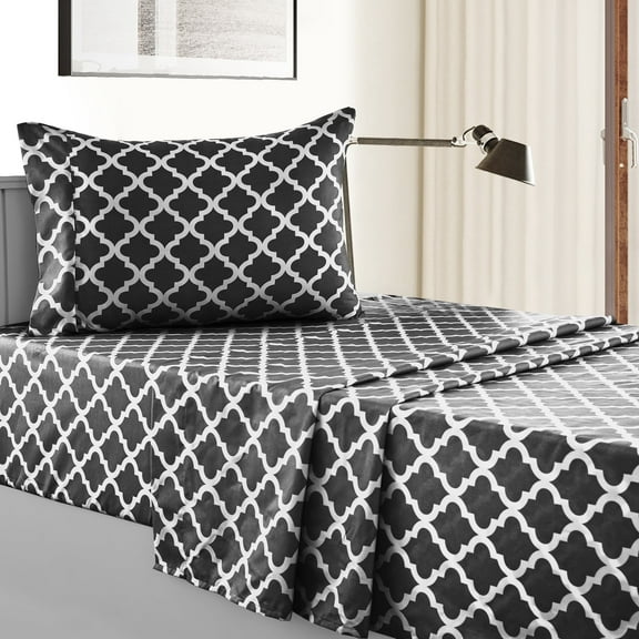 Lux Decor Twin Sheet Set – 3-Piece Hotel Style, Soft Microfiber Deep Pocket Bed Sheets Twin Size, Wrinkle-Free, Oeko-Tex Certified , Quatrefoil - Black