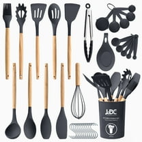 Lux Decor 35 Piece Kitchen Utensils Set - High Heat Resistant Wooden Handle Silicone Cooking Utensils Set, BPA Free Nonstick Cookware,Dishwasher Safe kitchen utensils - Gray