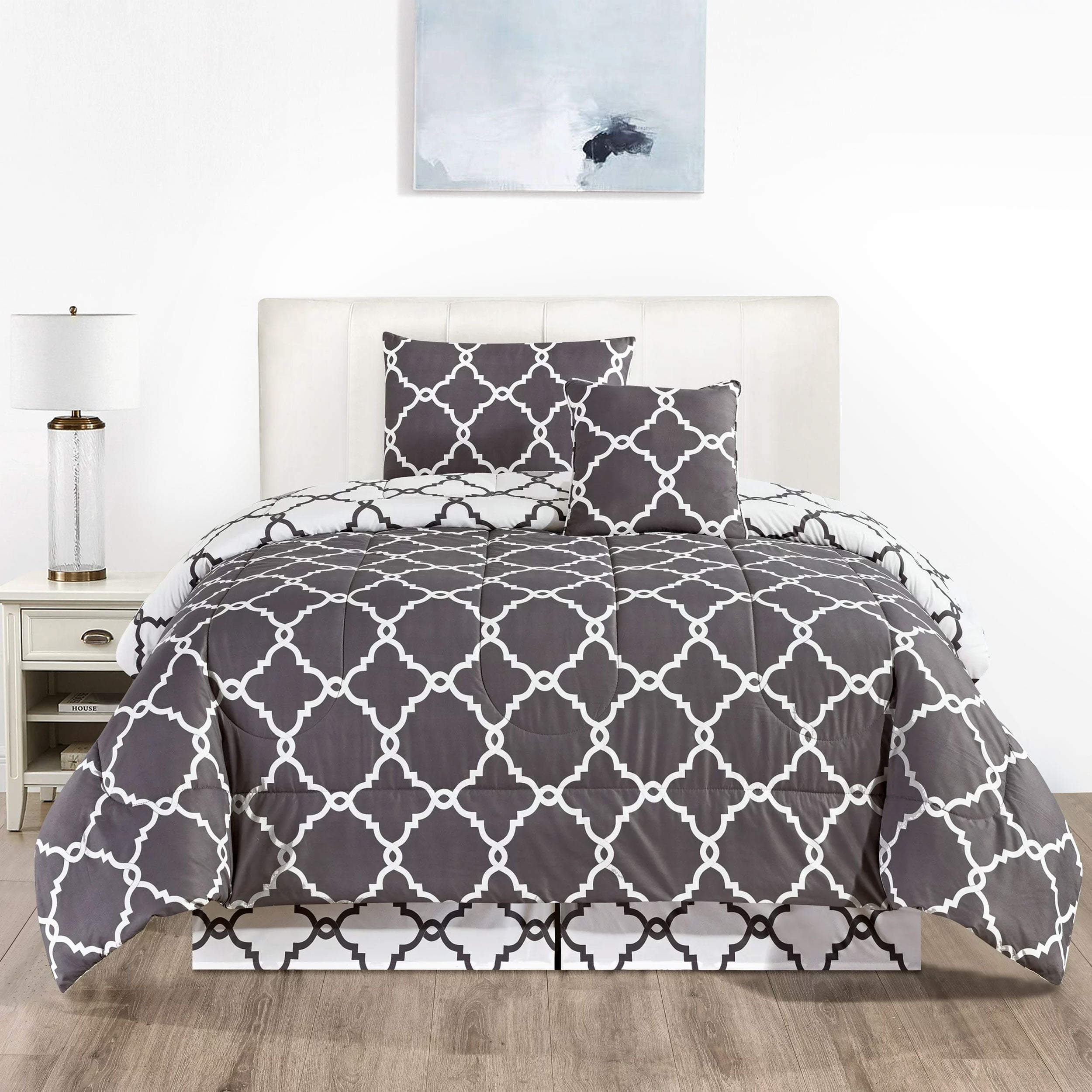 Twin Grey Quatrefoil Reversible Microfiber Duvet Set