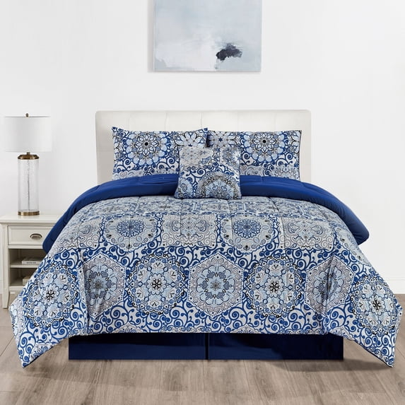 Lux Decor Collection 5 Piece Bedding Comforter Set - Reversible Microfiber Bed Comforter for Queen Size Bed (, Aztec Blue)
