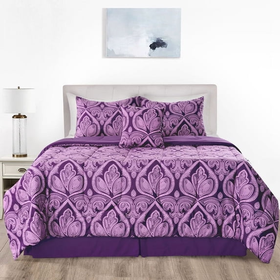 Lux Decor Collection 5 Piece Microfiber Down Alternative Comforter Set - Reversible Queen Comforter Set , Purple
