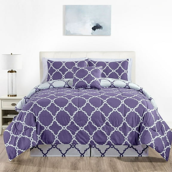 Lux Decor Collection 5-Piece Queen Comforter Set - Reversible Microfiber Duvet Insert, Quatrefoil Lavender