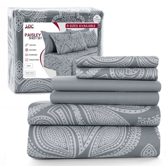 Lux Decor Collection 6-Piece Bed Sheet Set, Deep Pocket Queen Sheets Up to 16 Inch, 1 Flat Sheet , 1 Fitted Sheet & 4 Pillowcases (Queen, Grey)