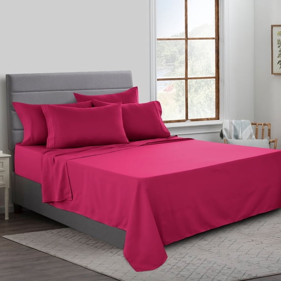 Lux Decor Collection 6 Piece Deep Pocket King Bed Sheets Set, Microfiber Fitted Sheet, Flat Sheet & Pillowcases, Burgundy