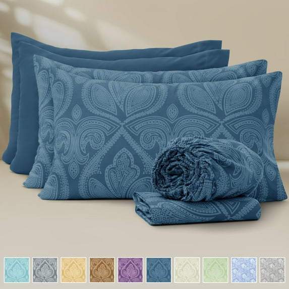 Lux Decor 6-Piece Full Size Bed Sheets Set – Ultra-Soft Microfiber, Paisley Print, Upto 16" Deep Pocket Fitted Sheet, Flat Sheet & 4 Pillowcases, Navy Blue