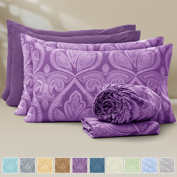 Lux Decor 6-Piece Full Size Sheets Set – Ultra-Soft Microfiber, Paisley Print, Upto 16" Deep Pocket Fitted Sheet, Flat Sheet & 4 Pillowcases, Purple