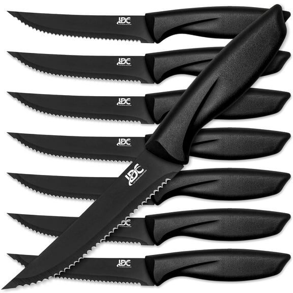 Lux Decor Collection 8-Piece Steak Knives Set - Black Stainless Steel Ultra Sharp Serrated Kitchen Knife Set